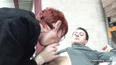 Redhead mature Katy Morlait fucking big dick at work place and in the apartment