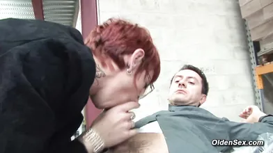 Redhead mature Katy Morlait fucking big dick at work place and in the apartment