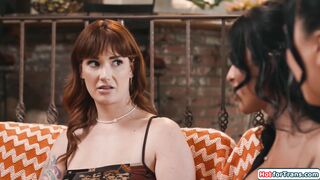 Big tits tgirls help busty bff to improve her blowjob skills