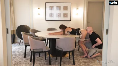 Hotel maid adds jizz to her raw labia after rough roleplay with naughty babe.