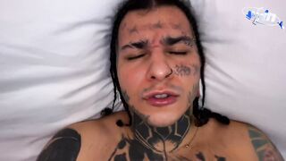 Famous YouTube tattoo nymph with curly hair and big nipple piercing gets down an