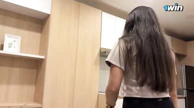 Submissive petite black-haired gets culo smacking and blowjob jizz in gullet fro