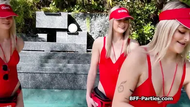 Sexy teen lifeguards breathe new life into a lucky dude in foursome