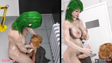 Futa3dX Green Haired Futa Babe GROWS A MONSTER COCK And Fucks The Investigator COMIC