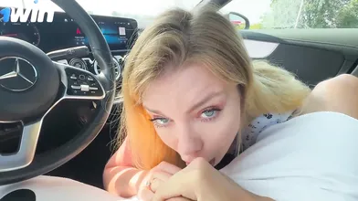 Russkie bitch enjoys public deep throat with cum swallow! 18yo light-haired enor