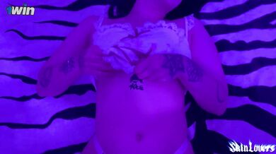 Hot brunet teen with meaty orbs blows beau in neon-lit room, cum tonguing and me