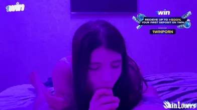 Hot brunet teen with meaty orbs blows beau in neon-lit room, cum tonguing and me