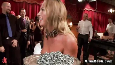 Gorgeous slaves compete to serve cock