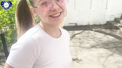 Sexy schoolgirl busts on porch. Cock sucking, doggy style. Horny slut.