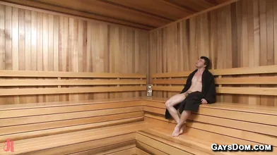 Gays Scott Harbor and Eli Hunter wrestle after sauna argument and rough anal fucking