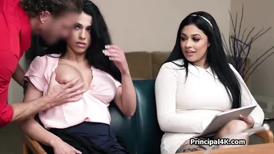 Busty Latinas happily sharing head teachers dick in his office