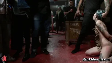 Beautiful tattooed sub Krysta Kaos zippered and gangbanged in public BDSM action