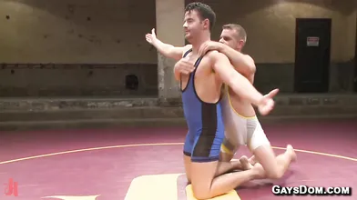 Naked wrestling with face fucking and anal pounding in the gym