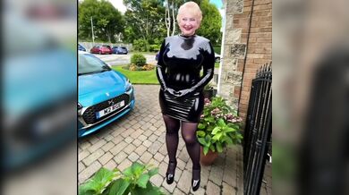 Shiny PVC Dress High Heels Porn Slut Outdoors Exposed in Home Street