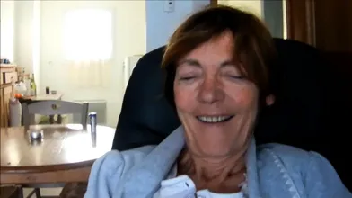 nerdy skinny blond granny Annie with cucumber smiling and su