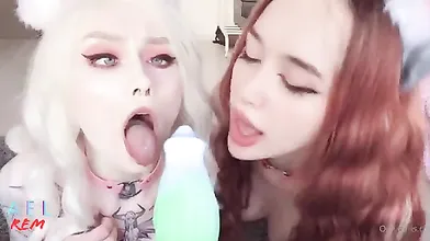 Naughty blonde lesbians toying with pussy