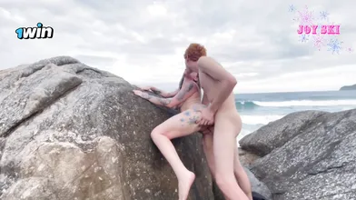 Blonde gal with yam-sized hooters comes to the beach to deep-throat sausage - Jo