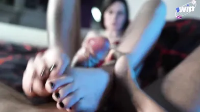 18 yr old super-cute nymph's gams shaking climax with giant dick. Hot tart's dir