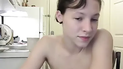 Skinny redhead with tiny tits and a hairy pussy dances on w