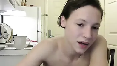 Skinny redhead with tiny tits and a hairy pussy dances on w