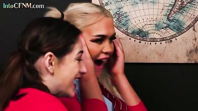 Uniform CFNM schoolbabes tugging guy