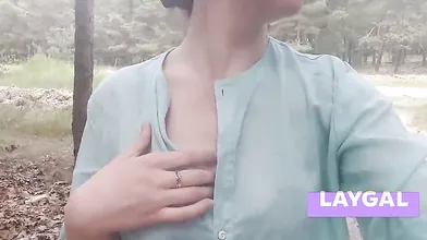 Exhibitionist teen undresses on webcam near the road