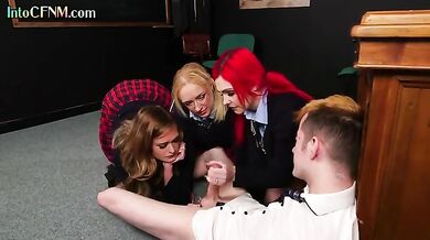 Uniform schoolbabes tugging classmate