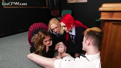 Uniform schoolbabes tugging classmate