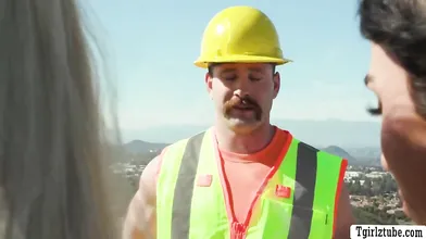 Construction worker drills the ass of two horny TS