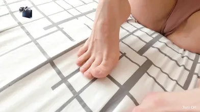 Horny step sis gives footjob, cuming loudly while frigging stud's big dick. 18-2