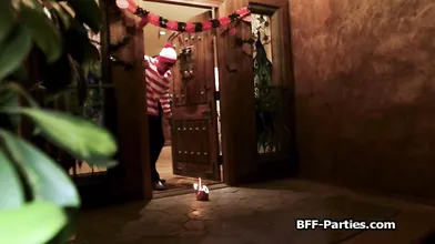 Besties spreading wide for candies in foursome