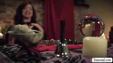 Busty witch summons two shemale and get fucked