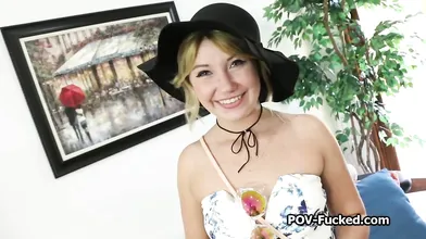 Petite blonde cutie spreads on sofa for my hard dick