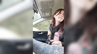 Brunette College Girl Giving Handjob While He’s Driving