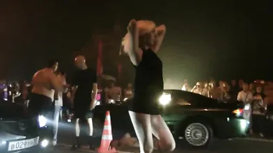 Hot Blonde Going Nude In The Crowded Street