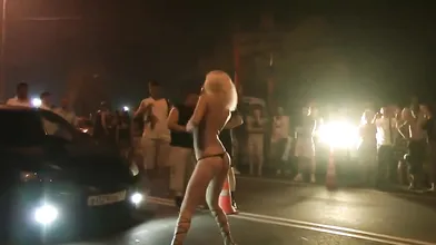 Hot Blonde Going Nude In The Crowded Street