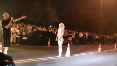 Hot Blonde Going Nude In The Crowded Street