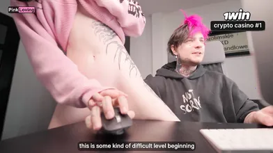 Stepbro fucking, sis plays computer while pinkloving on table, groping clit to c