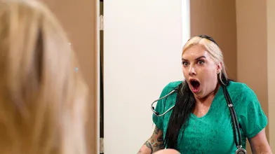Busty tattooed blonde squirting all over the big tits nurse