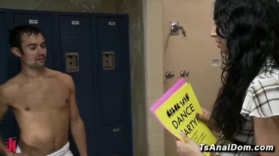 Shemale Honey catches college crush jerking off in locker room intense anal