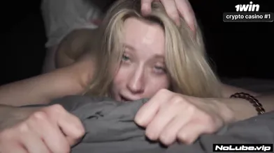 Amateur light-haired teenager takes two schlongs doggystyle, gets creampied and