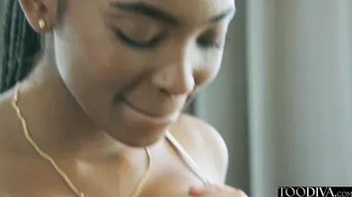 Stunning ebony babe in lingerie rides white guy passionately on couch - Barbie Rous