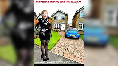 Slut Granny Cathy Dressed in a Very Tight and Shiny plastic PVC Skirt and Blouse