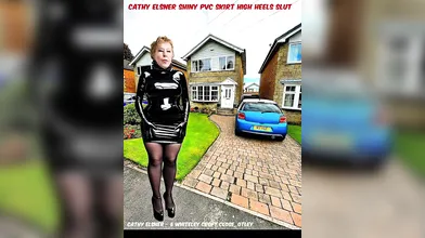 Slut Granny Cathy Dressed in a Very Tight and Shiny plastic PVC Skirt and Blouse