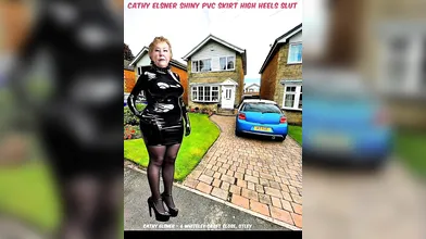 Slut Granny Cathy Dressed in a Very Tight and Shiny plastic PVC Skirt and Blouse