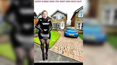 Slut Granny Cathy Dressed in a Very Tight and Shiny plastic PVC Skirt and Blouse