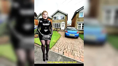 Slut Granny Cathy Dressed in a Very Tight and Shiny plastic PVC Skirt and Blouse