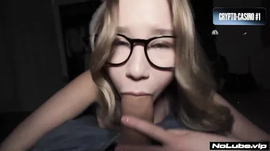 POV deep throating phat dick, blonde model gets rough 3 way cumshot, enslaved te