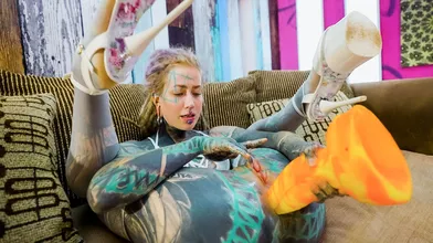 Tattooed ANAL Queen In White Lingerie And High Heels Masturbating