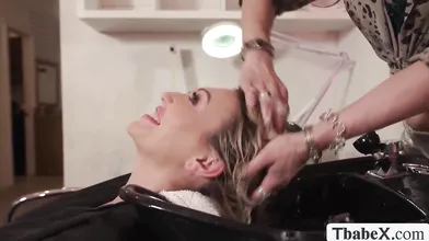 TS hairdresser licks and fucks my wet pussy